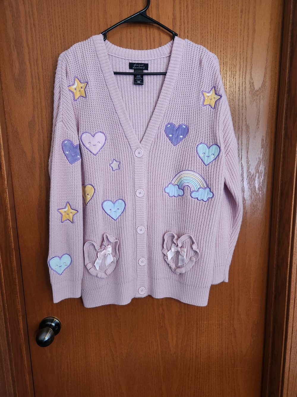 Pink Cute Patchwork Cardigan with Hearts & Rainbow